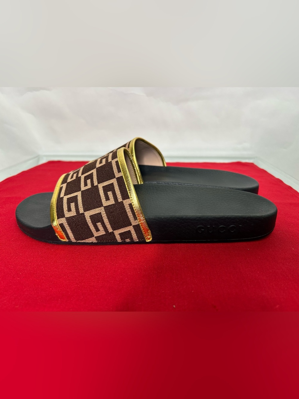 Gucci Sandals Pursuit 72 Knit Slide Brown Gold GG Monogram Slide Sandal Black - Picture 5 of 11